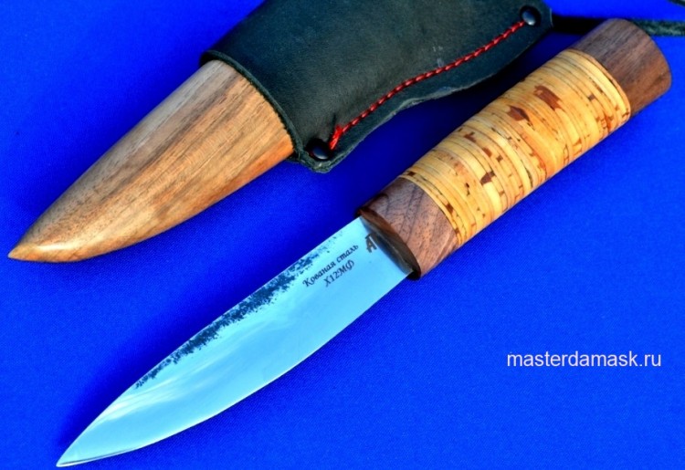 Нож Якутский малый сталь Х12МФ рукоять береста+орех, комбинированные ножны орех+кожа