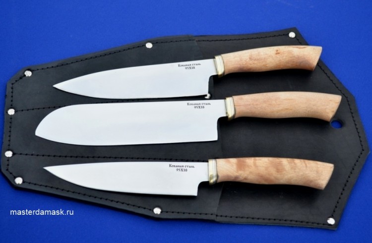 Набор ножей "Кухня" сталь 95х18, рукояти карельская берёза, панно из натуральной кожи