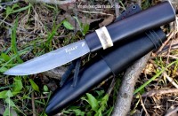 Нож Якутский малый сталь Булат рукоять ст.граб+вставка рог, комбинированные ножны ст.граб+кожа 